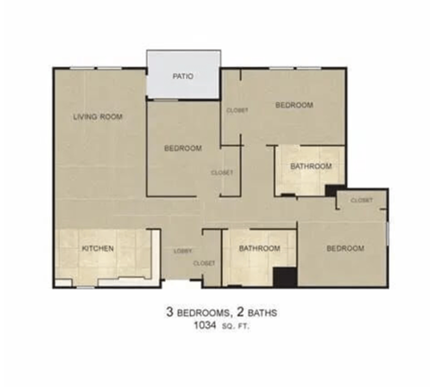 Floor plan for 3 beds, 2 baths, 1034 sqft